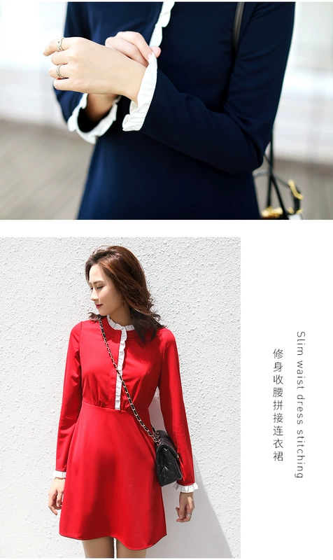Micro-cork ren Một chiếc váy từ mùa xuân 2019 mới lớn màu đỏ retro khí chất chiến đấu nhận eo phụ nữ - A-Line Váy
