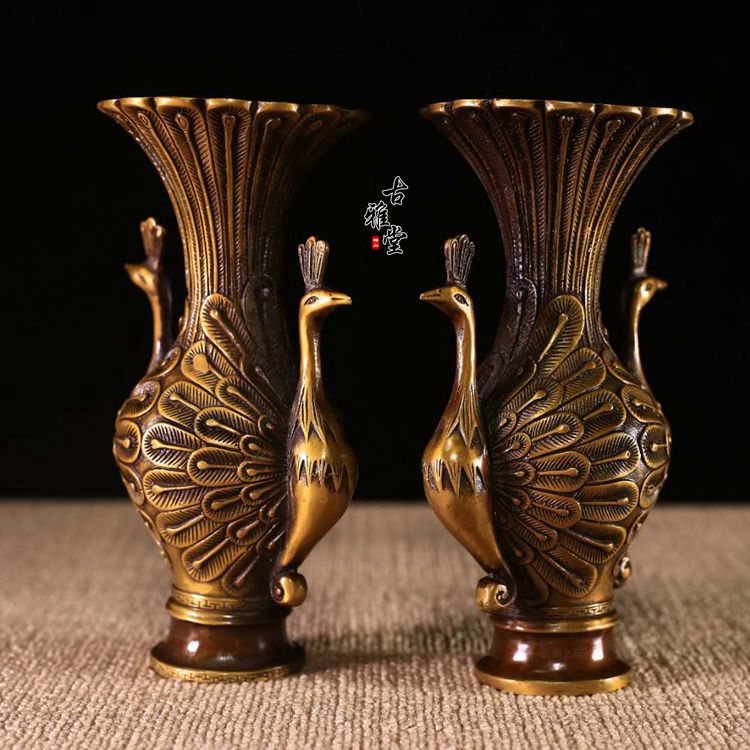 Pure Copper Phoenix Vase Large Clear Peacock Bottle Bronze Ware Pendulum Replica Antique Home Living Room Office Pendulum