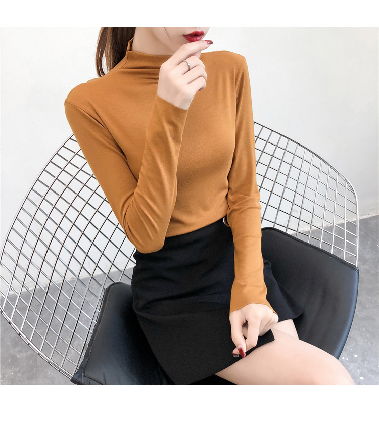 Mùa thu đông 2018 phiên bản Hàn Quốc của chiếc áo thun tự tay cỡ lớn cỡ lớn mm giữa cổ áo thun dài tay cộng với áo nhung mỏng nửa cao cổ áo sơ mi nữ bên trong áo phông ngắn tay