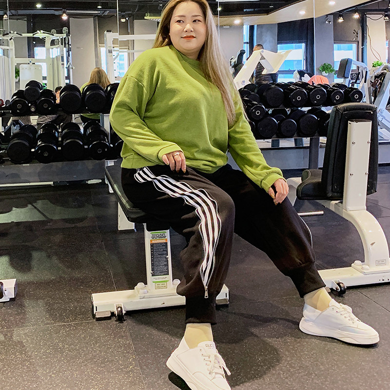 Spring and autumn sizes big size sports pants women with loose pull-chain bunch feet splicing pumping rope sweatpants 200 catty and younger sister pants