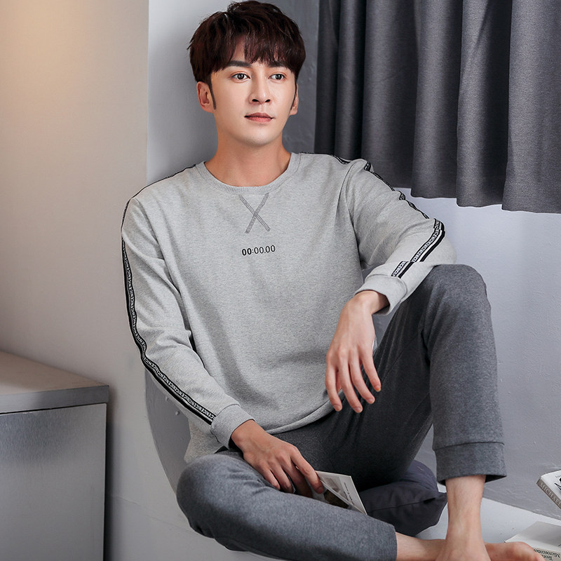Pyjamas men spring and autumn pure cotton long sleeve home clothes men's spring and autumn loose plus large yards thin suit