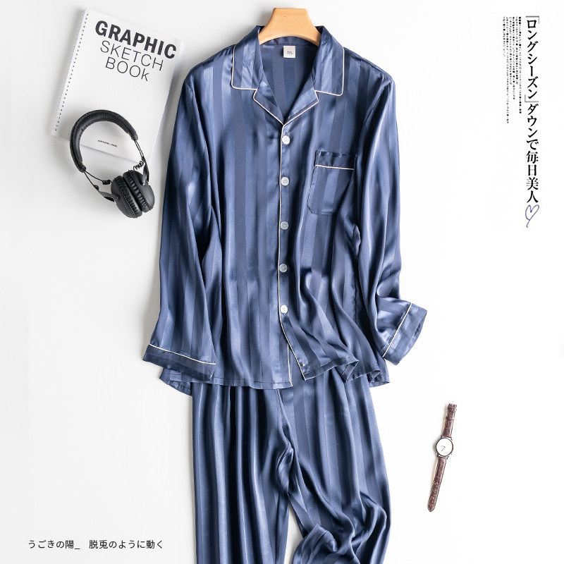 Pajamas Summer Long sleeve thin ice silk and Han edition of sweatshirt stripes Spring and Autumn large-code home suit silk suit