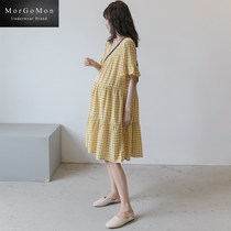 MORGOMON gestational dress Dress Fashion Casual for Breastfeeding Cotton Linen Short Sleeve Plaid Dress LL0816