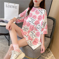 Super hot cec street short-sleeved women's loose lazy style top summer 2023 new Korean style mid-length smile face T-shirt for women