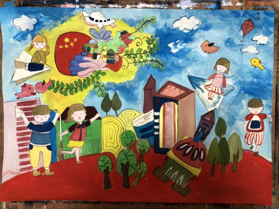 Patriotic Celebration of National Day Children's Painter Painter Manuscripts Praise for New Era Creative Children's Painter