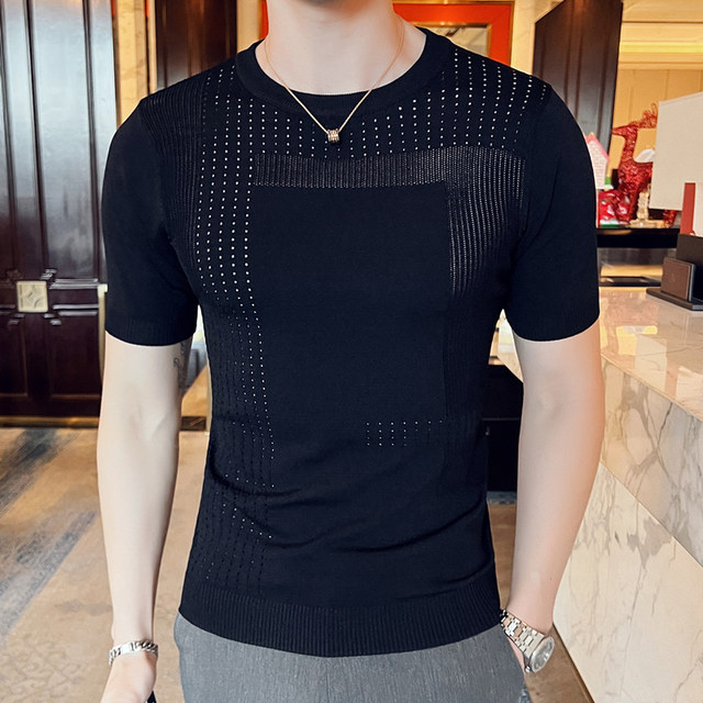 Summer ice silk hollow men's knitted T-shirt short-sleeved bottoming shirt large size thin-sleeved trendy half-sleeved T-shirt breathable top