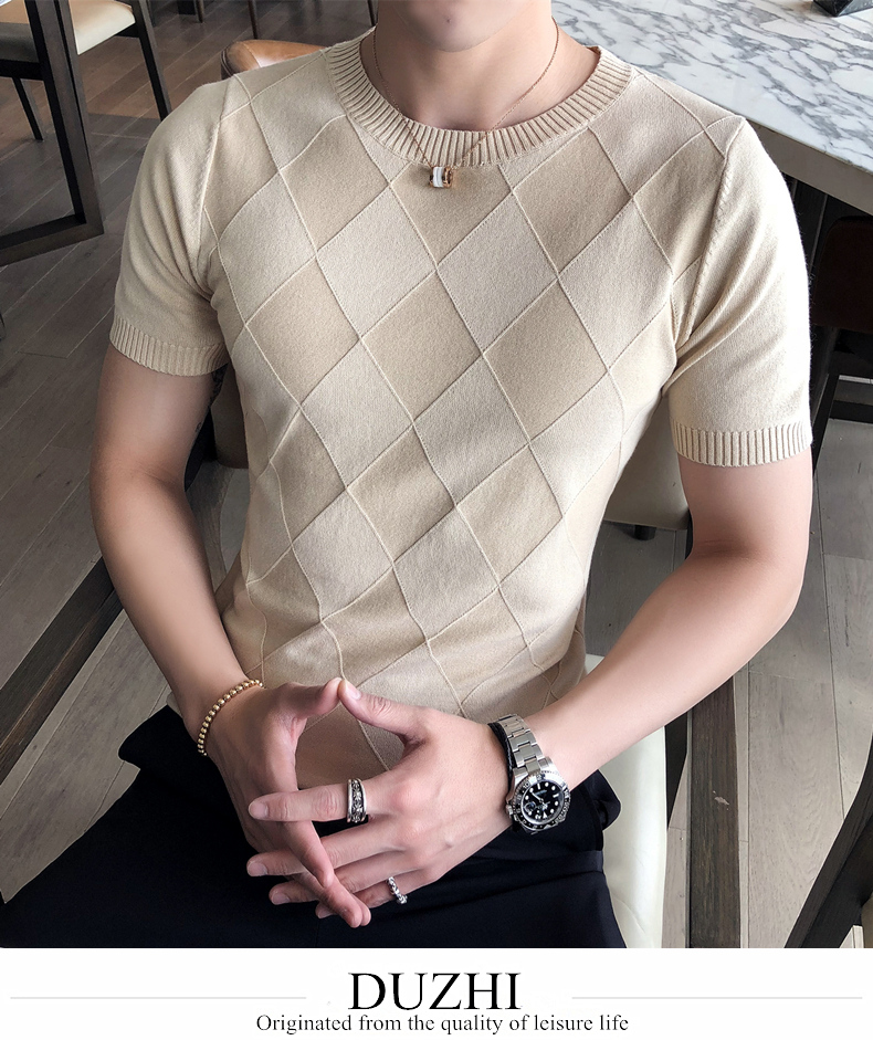 Solo hình học băng giá lụa cổ tròn tay ngắn đan áo thun nam mỏng áo sơ mi mỏng chạm đáy áo sơ mi nửa tay - Áo phông dài áo phông nam cao cấp