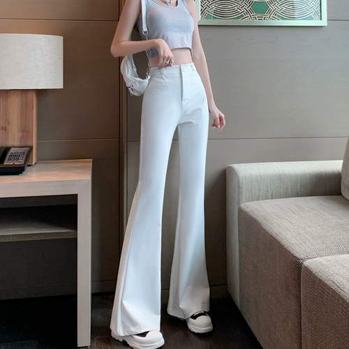 Костюм, высокие штаны, летние белые шифоновые тонкие штаны-клёш, высокая талия, по фигуре, облегающий крой