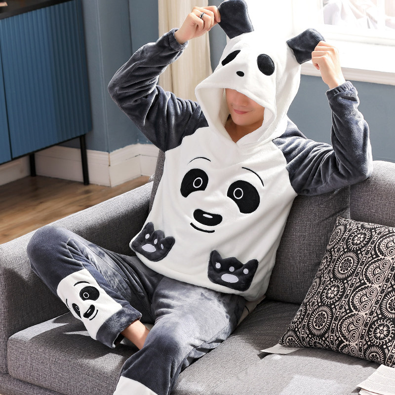 Men's pajamas fall winter coral velvet thickening plus flannel cartoon student home suit winter suit