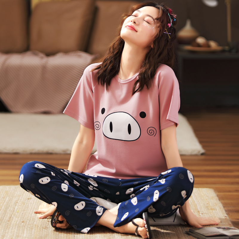 Pajamas women's summer cotton short-sleeved trousers thin plus size fat mm200 pounds summer home clothes two-piece suit