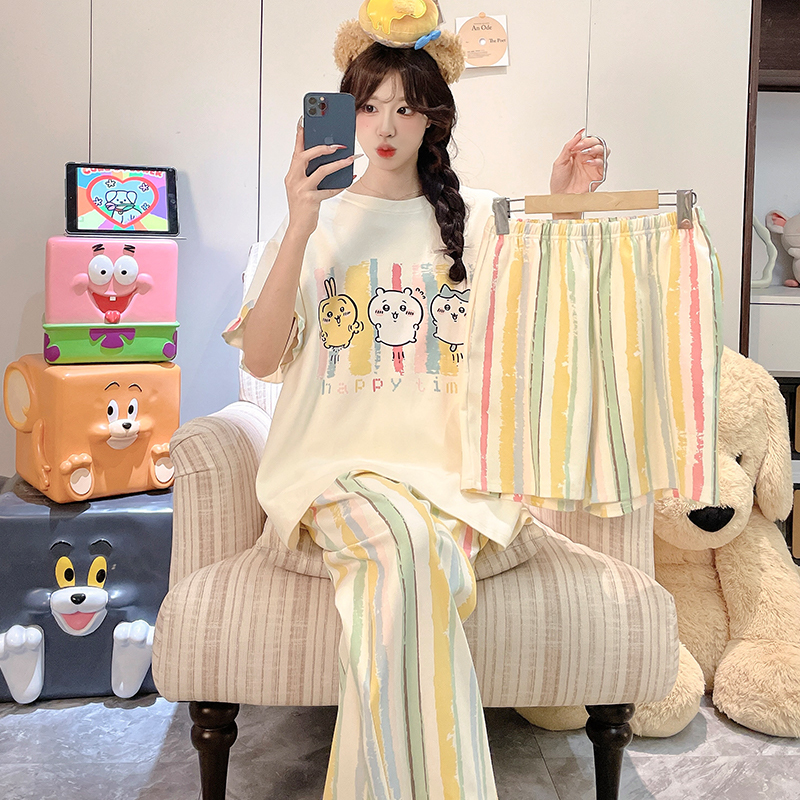 Pure Cotton Pajamas for Women, Summer Short-Sleeved Long Pants, Cartoon Large Size, Thin Style, Student Autumn Women's Home Wear Three-Piece Set