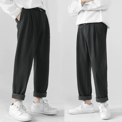 Демисезонные шерстяные трендовые штаны, джинсы с начесом, повседневные брюки, костюм, в корейском стиле, осенние, оверсайз, свободный прямой крой