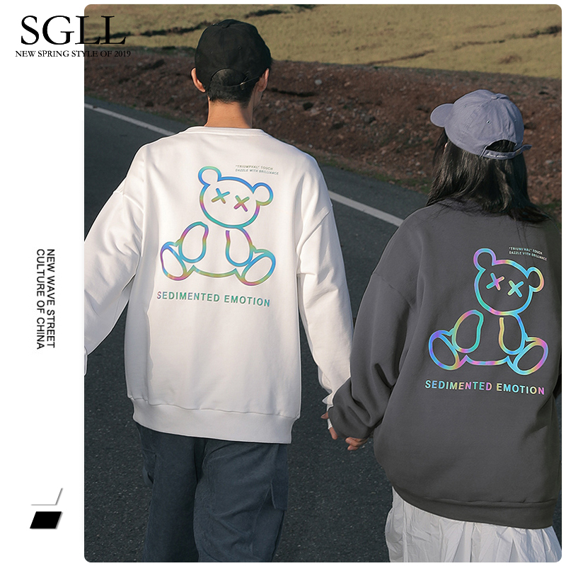 Sweatshirt male autumn winter style lovers round neckline large size small Bear Loose Fried Street Plus Flannel thickened Japanese Tide Card Reflective Jacket