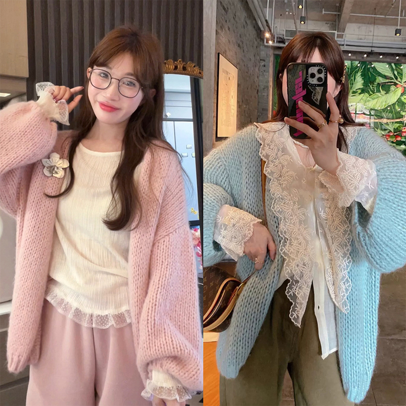 Jennifer Jxliu Korean Winter Soft Waxy Cream Powder^ Lantern Sleeve Mohair Outwear Loose Lazy Outwear