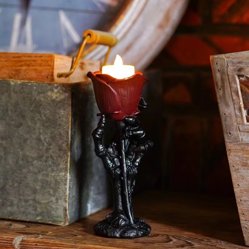 Halloween Skeleton Hand Rose Candle Holder Resin Home Decor Vintage Romantic Candle Holder Tabletop Atmosphere Decoration