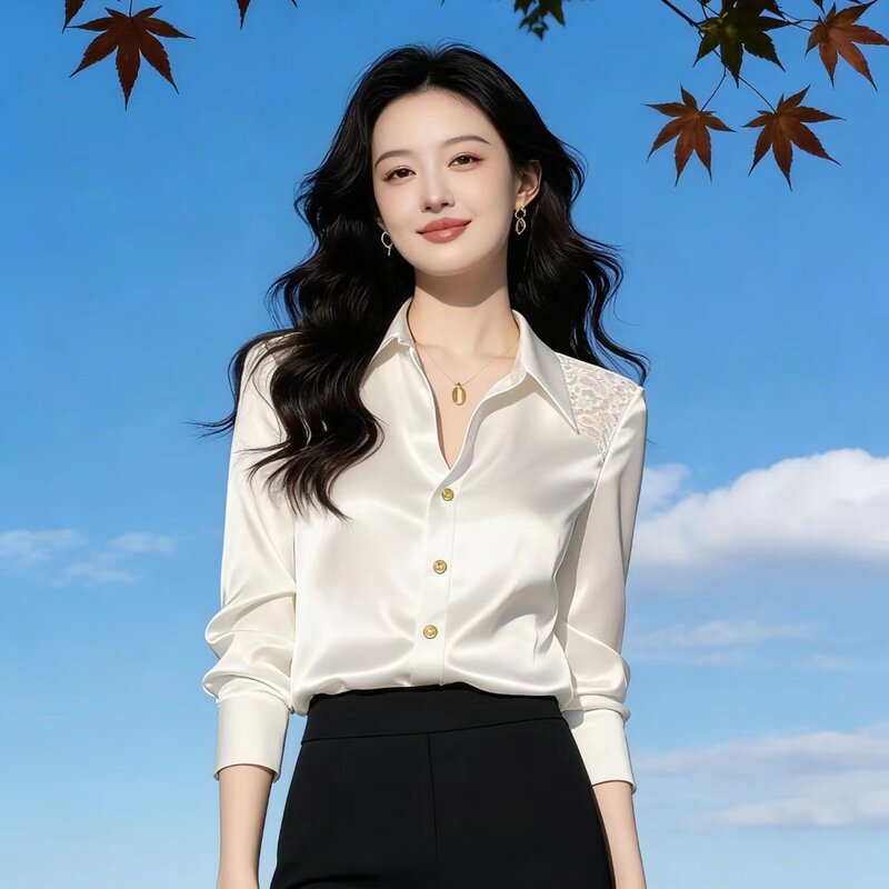Light Luxury Silk Fashion Patchwork White Shirt for Women, Spring Lace Elegant Base Shirt, Mulberry Silk Slimming Top