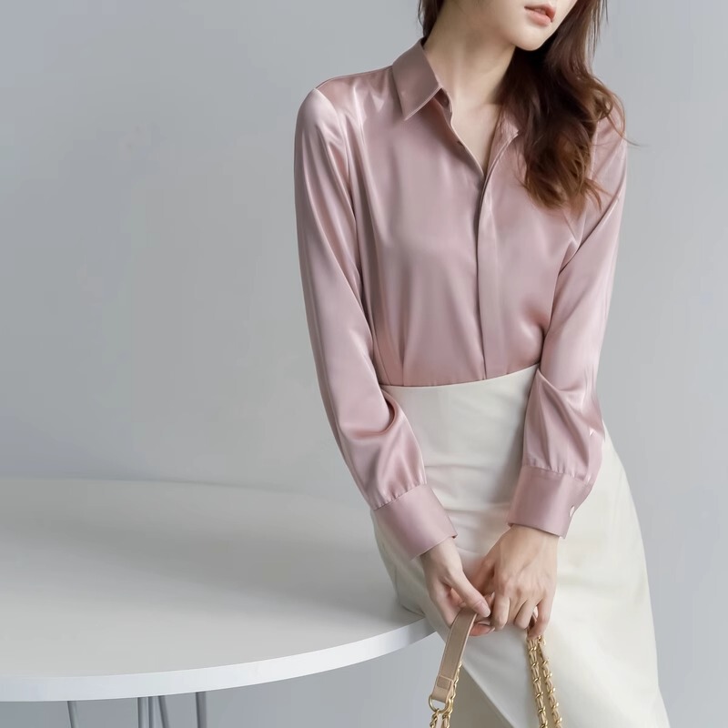 French-Style Pink Romantic Lapel Long-Sleeved Shirt for Women, Silk Shirt, Sweet, Gentle, Unique and Beautiful Mulberry Silk Top