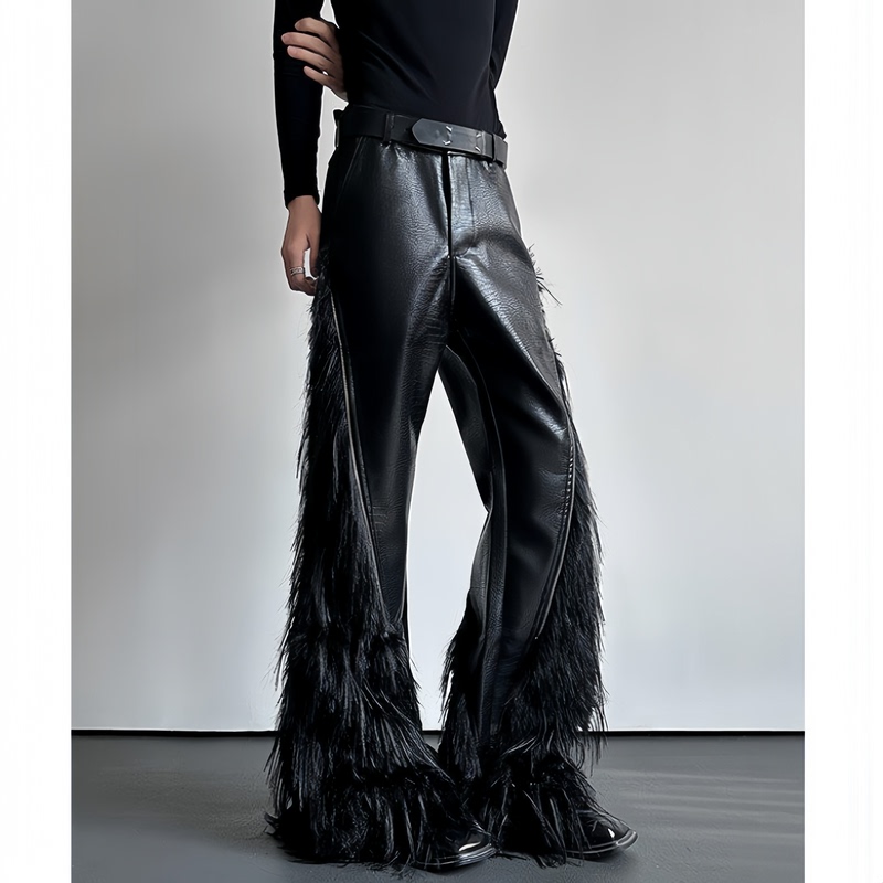 Men's Stylish Faux Fur Crocodile-Patterned Stage Cool Leather Pants, Straight-Leg, Spring, Fringed, Mid-Waist, Trendy Style