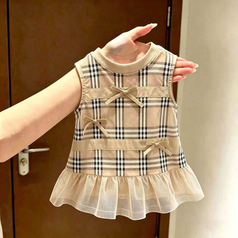 Dog Summer Dress Classic British Plaid Khaki Three Small Bow Sheer Vest Dress for Small and Medium-Sized Dogs and Cats