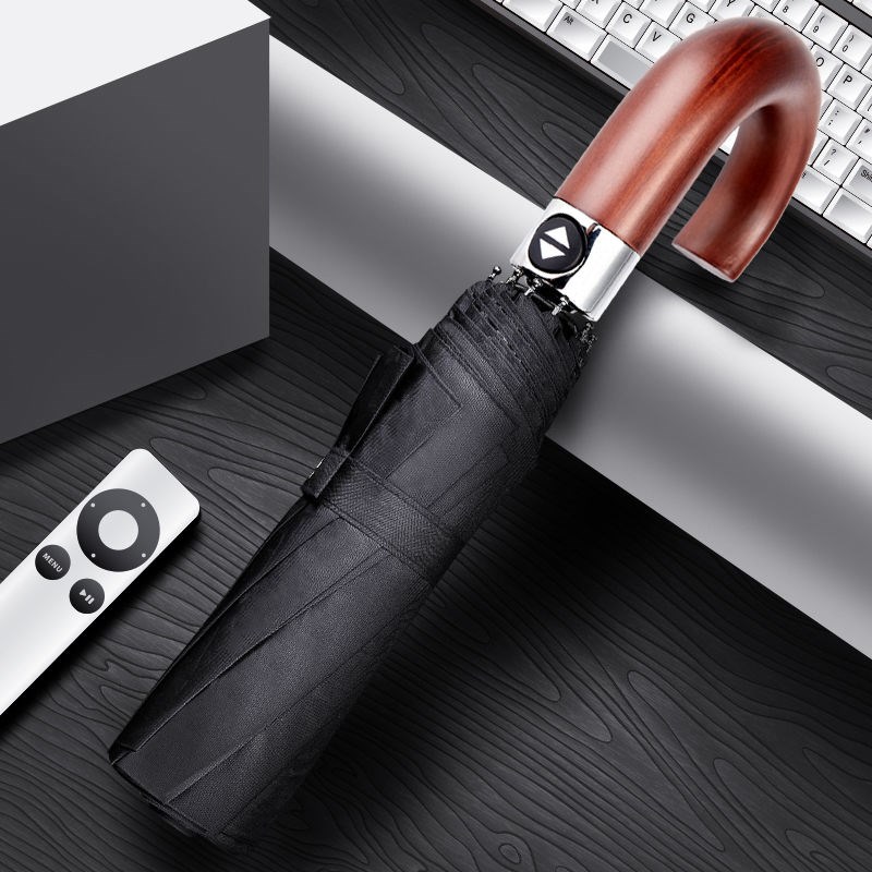 High end male and female full automatic triple folding hyperwindproof large number double reinforced student wood bending handle business umbrella custom-made