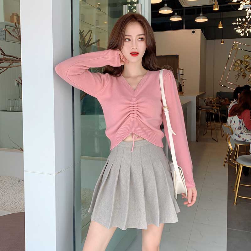 2020 đáy áo len mới cơ thể thuần màu đỏ trang trí mùa hè v-cổ phụ nữ mùa hè của knitshirt vẽ tay áo top rope ngắn