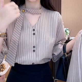 Hong kong style retro striped v-neck loose shirt for women