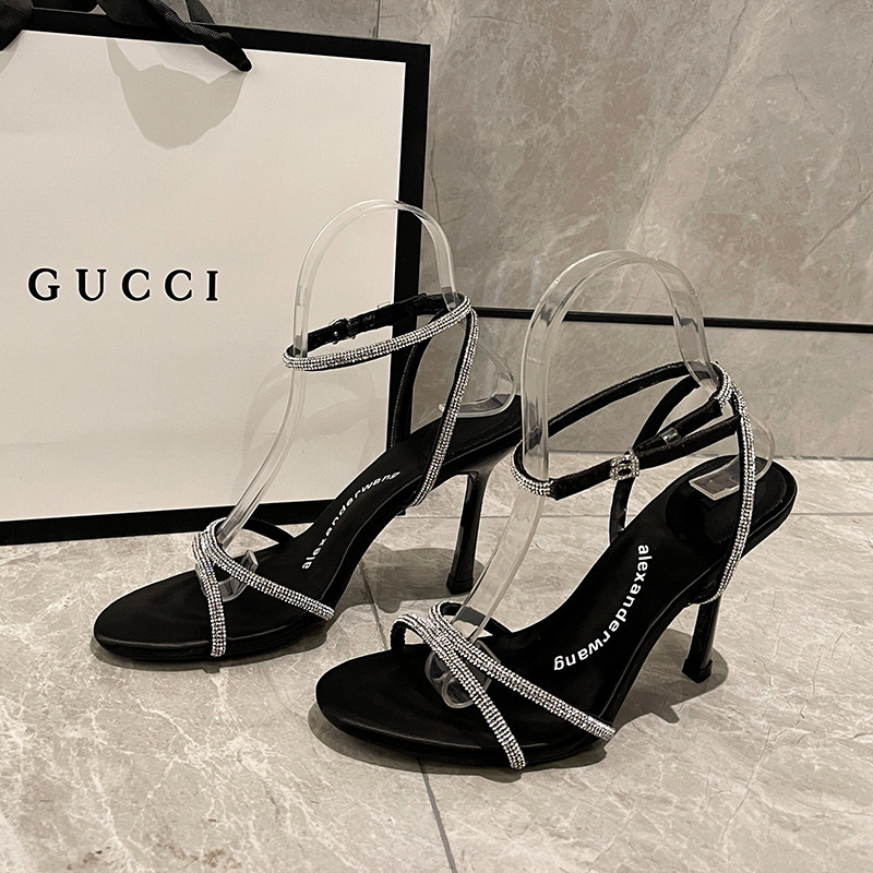 2025 Spring and Summer New Style Pink High-Heeled Shoes for Women, Sexy Open-Toe Stiletto Heels with One-Strap Buckle and Rhinestone Letter Sandals for Women