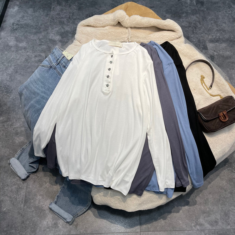 Fat mm slimming 2022 autumn new button solid color long-sleeved T-shirt women's large size loose belly-covering elastic bottoming shirt