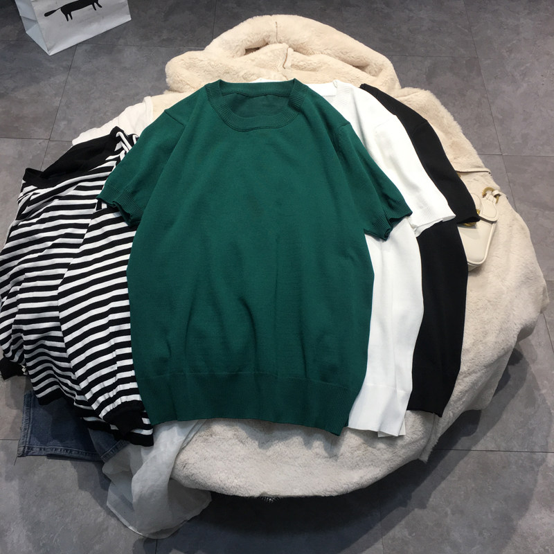 Large size women's 2020 summer new round neck solid color ice silk knitted short-sleeved T-shirt women's slightly fat mm loose top