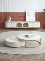 Modern minimalist Telescopic Glass Round Tea Table small family Living room Home Light Extravagant Rockboard Tea Table TV Cabinet Combo