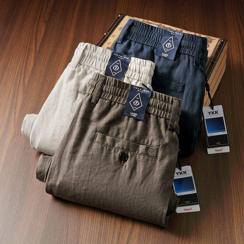 Summer Thin Linen Pants 100% Linen Men's Pants Moisture-Wicking Breathable Elastic Waist Straight Loose Pure Linen Casual Long Pants