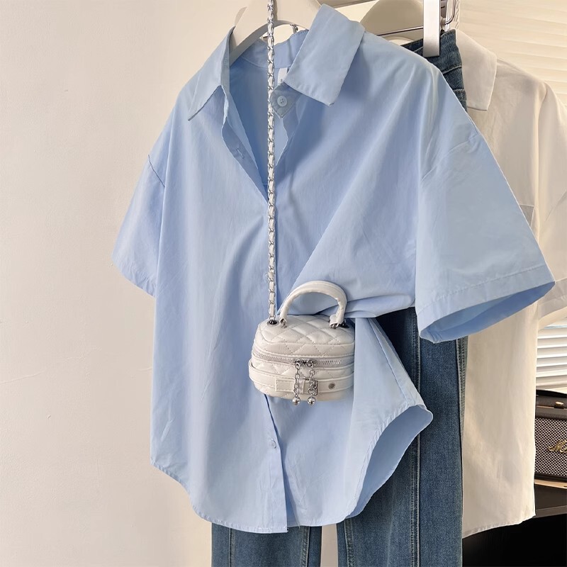 2026 Blue Short-Sleeved Shirt New Solid Color Loose Slimming Versatile Top for Commuting Trendy Age-Reducing Shirt