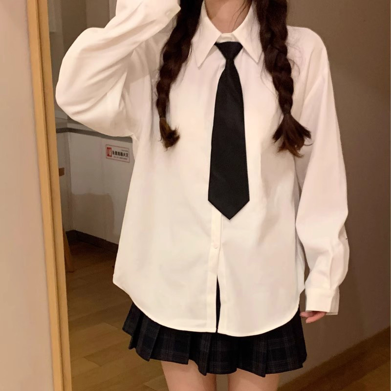 Jk Uniform Shirt for Women, Long-Sleeved, White, Loose Fit, New Style, Versatile Tie, College Style, Inner Layer, Student Top