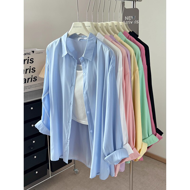 Blue Polo Collar Long-Sleeve Shirt Jacket for Women, Autumn Loose Dopamine Korean Style Casual Versatile Shirt Trendy Blue Polo Collar Long-Sleeve Shirt Jacket for Women, Autumn Loose Dopamine Korean Style Casual Versatile Shirt Trendy