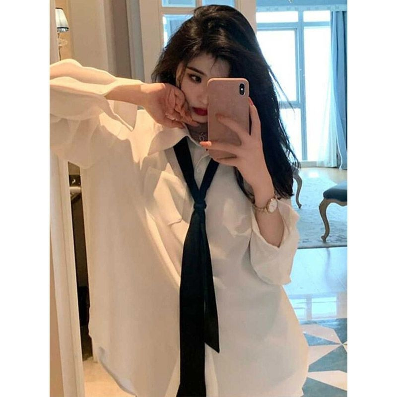 2026 New Style Tie Shirt for Women, Spring and Summer White Long-Sleeved Layered Loose Casual Pure Desire Style Sun Protection Lapel Shirt