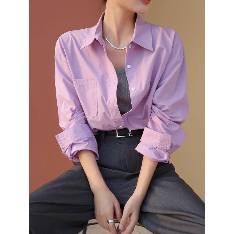 Purple Shirt for Women, Early Spring New Style, High-End Long-Sleeved Loose Top, Hong Kong Style Niche Design Jacket