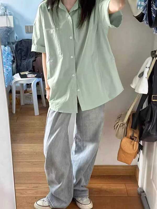 Mint Green Dopamine Style Summer 2026 New Casual Loose Versatile Shirt That Covers the Body, Trendy Outerwear Top