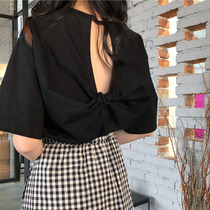 Backless short sleeve T-shirt female mind top design sense Korean loose sexy tide ins wild bf student base shirt