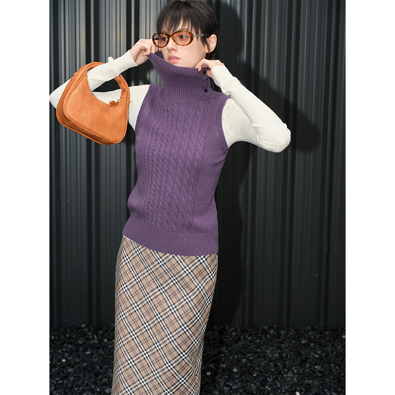 Huiqing Purple Wool Sweater Knit Vest for Women 2025 Autumn New High-Neck Design Niche Style Huiqing Purple Wool Sweater Knit Vest for Women 2025 Autumn New High-Neck Design Niche Style