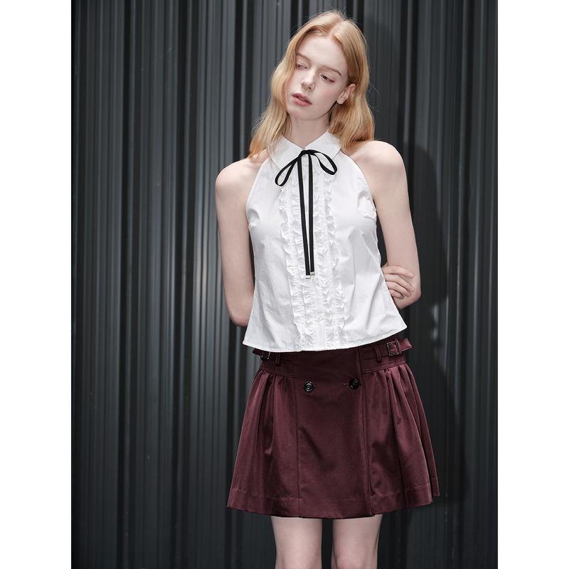 Huiqing Pure Cotton Sleeveless Shirt Top for Women 2026 Spring/Summer New Style Halter Neck Design Niche Ruffled Edge