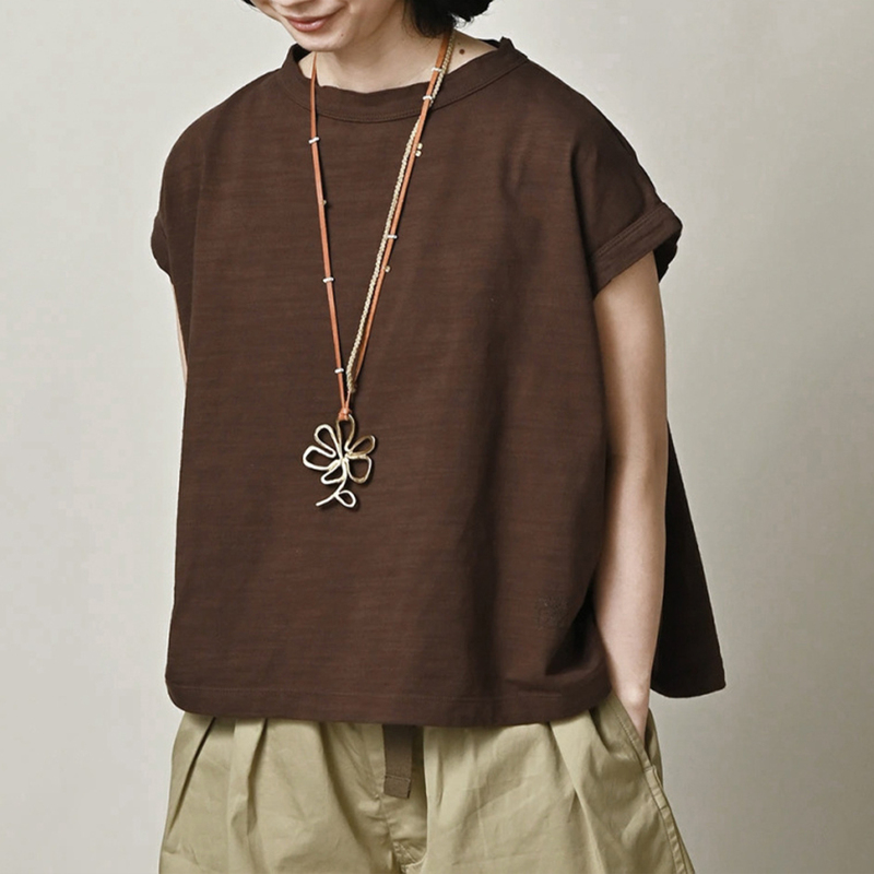 Summer New Japanese Style Small R Embroidery M-Shaped Short-Sleeve Blouse, Melard Old Money Style Loose Casual Minimalist T-Shirt for Women