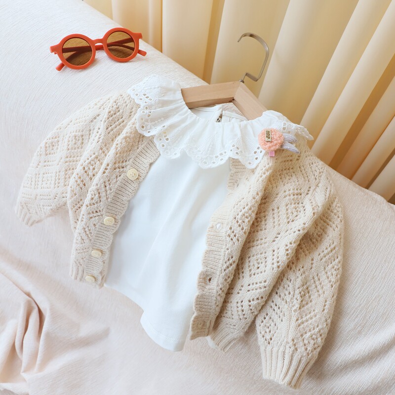 2022 new spring and autumn girl Han version hollowed-out thin section 100 lap knit cardio-hoodie woman baby sweater jacket