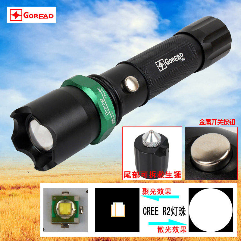 C60 strong light R2 zoom distance USB charging escape hammer outdoor lighting flashlight lamps 18650