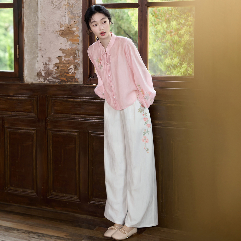 Flower-Made Albizia Flower Small Branch Original Chinese Style Embroidered Casual Pants for Women, New Chinese Style Embroidered Breathable Long Pants