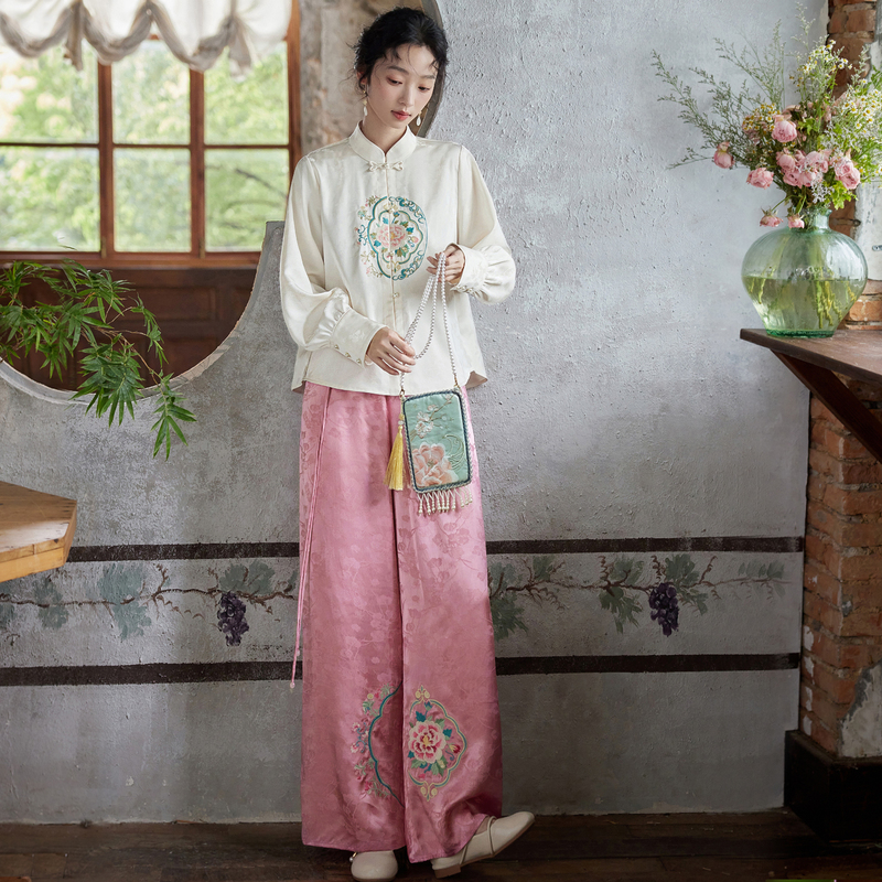Flower-Made Hibiscus Red Jade Original Chinese-Style Embroidered Tencel Jacquard Pants New Chinese-Style Wide-Leg Pants