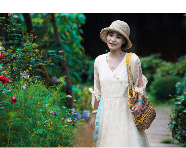Sản xuất hoa / Suyi 2019 thiết kế ban đầu nữ thêu hoa tươi đầm thêu ruy băng voan - Váy eo cao đầm đắp chéo cột eo