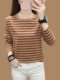 2025新款初秋纯棉长袖t恤女秋衣外穿条纹上衣宽松大码打底衫遮肉