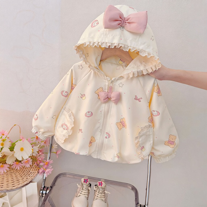 Girls' Outwear, Autumn Clothing, Bow Hooded Clothes, Spring and Autum Style, Princess Windbreaker, Baby Cute Tops