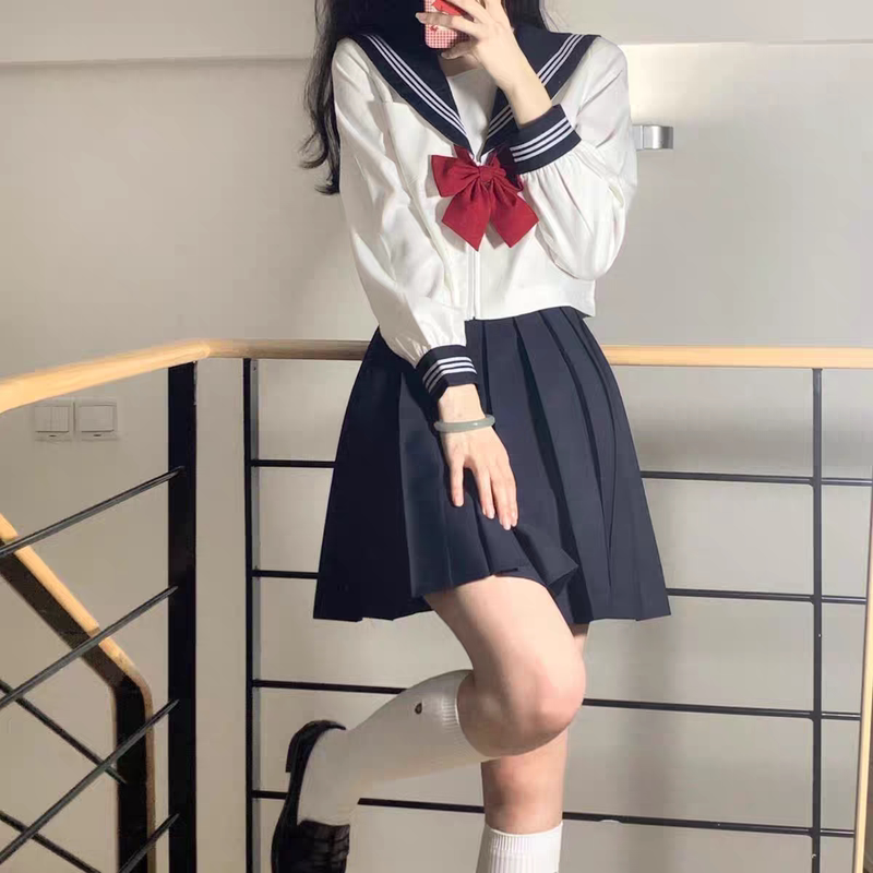 Jk Uniform Skirt Genuine Original Set White Three-Piece School Uniform Summer Sailor Suit Plus Size Long Skirt Pleated Skirt Class Uniform