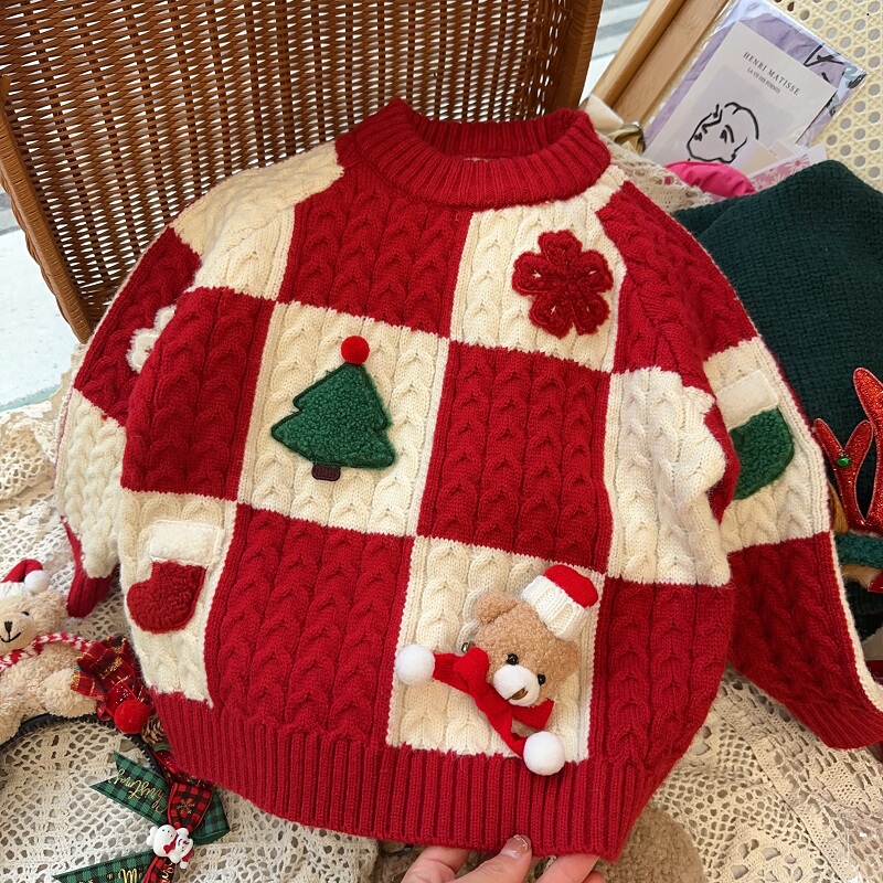 Girls' Festive Red Cartoon Bear Doll Christmas Tree Plaid Sweater Thickened Warm Knitwear Winter